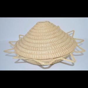 Woven Grass Coil Basket with Attached Conical Lid Sunburst 15"